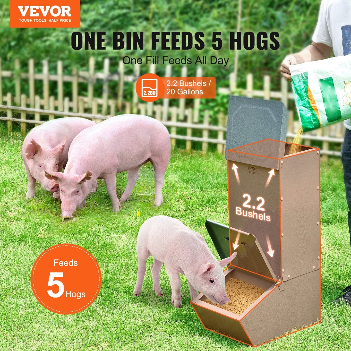 VEVOR Hog Feeder, 2.2 Bushel Capacity, Single Door Pig Feeder, Heavy Duty Steel Piglets Feeder, Multipurpose Trough Creep Feeder, Outdoor Livestock Feeder Farm Accessory for Feeding up to 5 Hogs